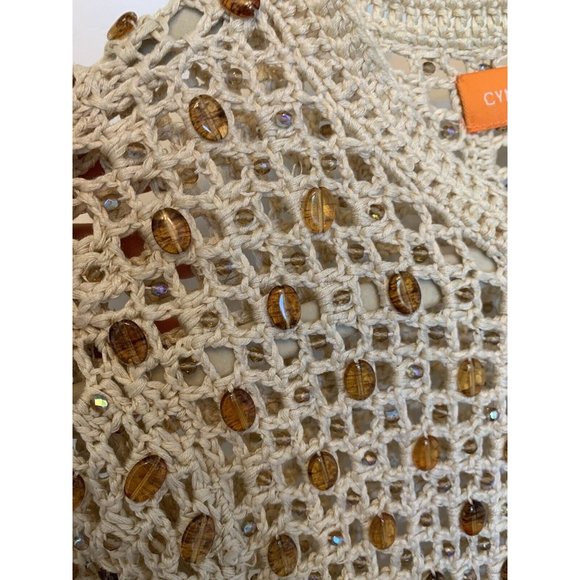 Vtg Y2K Cottage Core Ecru Crochet Gem Beaded Open shrug Cardigan Broach Clasp - Picture 6 of 10